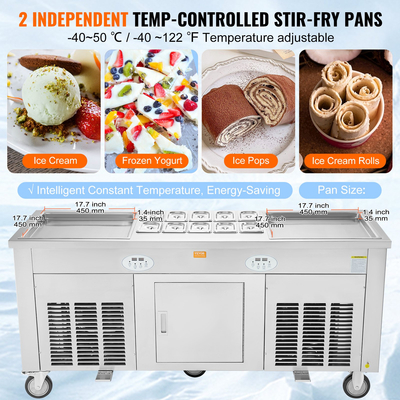 VEVOR Fried Ice Cream Roll Machine Rolled Ice Cream Maker 17,7x17,7 ιντσών 2 τηγάνια