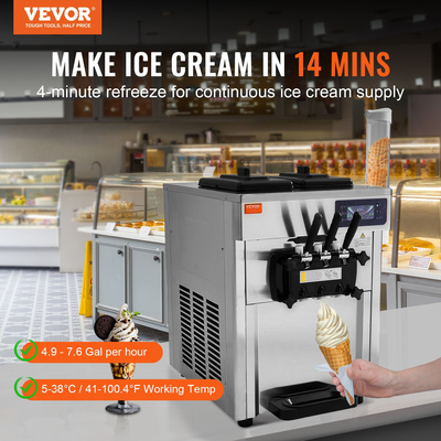 VEVOR Commercial Soft Serve Ice Cream Maker 18-28 L/H Yield 3-Flavor