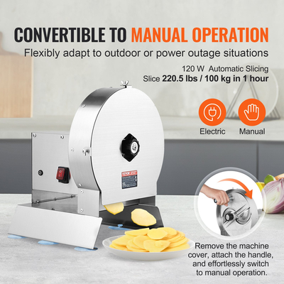 VEVOR Electric Vegetable Slicer, 0-0,5&quot;/0-12mm Thickness Adjustable Commercial Slicer Machine, Μετατρέψιμο σε χειροκίνητο, Μηχάνημα κοπής τροφίμων από ανοξείδωτο χάλυβα, για πατάτες, λεμόνι, ντομάτα, μήλο