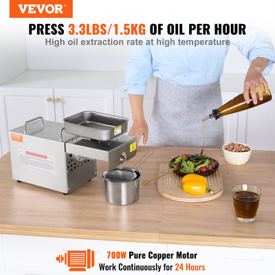 VEVOR Electric Oil Press Machine, 700W Μηχανή εξαγωγής λαδιού από ανοξείδωτο χάλυβα, 140℃ / 284℉ Σταθερή θερμοκρασία, Hot Press Oil Expeller για συμπίεση φιστικιών, σουσάμι, ελαιοκράμβη, σπόροι τσαγιού