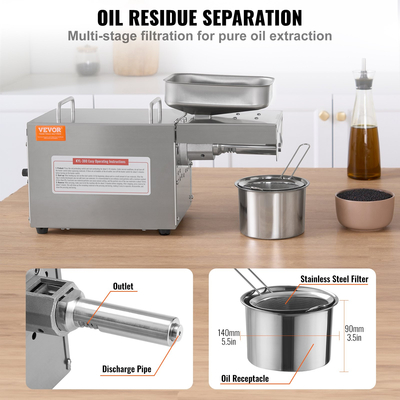 VEVOR Electric Oil Press Machine, 700W Μηχανή εξαγωγής λαδιού από ανοξείδωτο χάλυβα, 140℃ / 284℉ Σταθερή θερμοκρασία, Hot Press Oil Expeller για συμπίεση φιστικιών, σουσάμι, ελαιοκράμβη, σπόροι τσαγιού