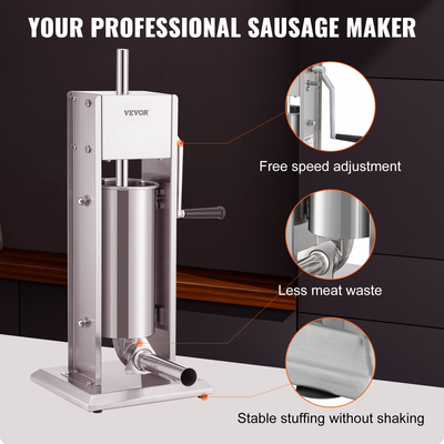 VEVOR Manual Sausage Stuffer, χωρητικότητας 8LBS/5L, Two Speed 304 Stainless Steel Vertical Sausage Stuff, Μηχανή Γέμισης Λουκάνικων με 4 Σωληνάρια Γέμισης, Βάση Αναρρόφησης για Οικιακή ή Εμπορική Χρήση