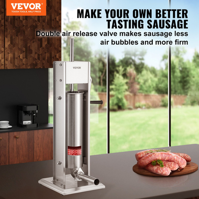 VEVOR Manual Sausage Stuffer, χωρητικότητας 11LBS/7L, Two Speed 304 Stainless Steel Vertical Sausage Stuff, Μηχανή Γέμισης Λουκάνικων με 4 Σωλήνες Γέμισης, Βάση Αναρρόφησης για Οικιακή ή Εμπορική Χρήση