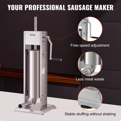 VEVOR Manual Sausage Stuffer, χωρητικότητας 11LBS/7L, Two Speed 304 Stainless Steel Vertical Sausage Stuff, Μηχανή Γέμισης Λουκάνικων με 4 Σωλήνες Γέμισης, Βάση Αναρρόφησης για Οικιακή ή Εμπορική Χρήση