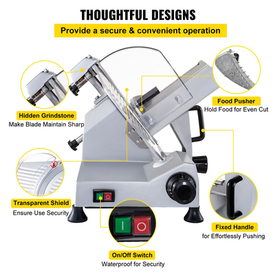 Εμπορικός κόφτης κρέατος VEVOR, Ηλεκτρικός τεμαχιστής φαγητού 320W, Ηλεκτρικός κόφτης φαγητού με λεπίδες άνθρακα 12 ιντσών, τεμαχιστής κρέατος 350-400 στροφών/λεπτό, ρυθμιζόμενο πάχος 0-0,6 ιντσών για κρέας, τυρί, λαχανικά, ζαμπόν