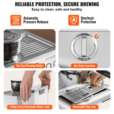 Μηχανή Εσπρέσο VEVOR με Μύλο 15 Μπαρ Ημιαυτόματη Καφετιέρα Espresso