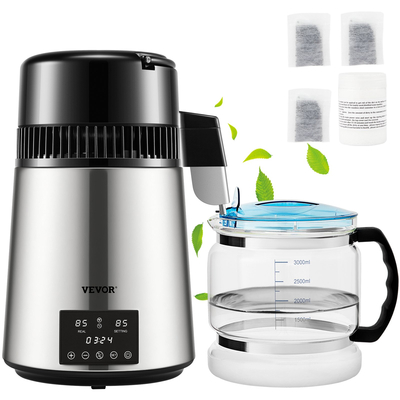VEVOR Water Distiller, 1 L/H, 4L Distilled Water Maker με χρονισμό 0-99 H, 750W πάγκος καθαρισμού νερού με οθόνη διπλής θερμοκρασίας, σκόνη καθαρισμού γυάλινης καράφας 3 πακέτα άνθρακα εξοπλισμένα, εγκεκριμένο από την FDA, ασημί
