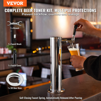 VEVOR Single Faucet Draft Beer Tower Dispenser, από ανοξείδωτο ατσάλι Keg Beer Tower, Kegerator Tower Kit με προσυναρμολογημένο σωλήνα και αυτοκλειόμενη βρύση για πάρτι, μπαρ, παμπ, εστιατόριο