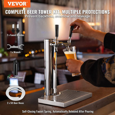 VEVOR Dual Taps Draft Beer Tower Dispenser, από ανοξείδωτο ατσάλι Keg Beer Tower, Kegerator Tower Kit με προσυναρμολογημένο σωλήνα και αυτοκλειόμενους κορμούς βρύσης για πάρτι, μπαρ, παμπ, εστιατόριο