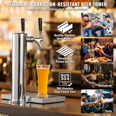 VEVOR Dual Taps Draft Beer Tower Dispenser, από ανοξείδωτο ατσάλι Keg Beer Tower, Kegerator Tower Kit με προσυναρμολογημένο σωλήνα και αυτοκλειόμενους κορμούς βρύσης για πάρτι, μπαρ, παμπ, εστιατόριο