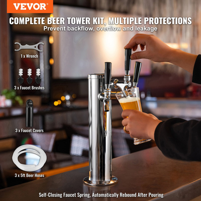 VEVOR Triple Taps Draft Beer Tower Dispenser, από ανοξείδωτο ατσάλι Keg Beer Tower, Kegerator Tower Kit με προσυναρμολογημένο σωλήνα και αυτοκλειόμενους κορμούς βρύσης για πάρτι, μπαρ, παμπ, εστιατόριο