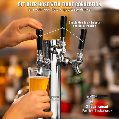 VEVOR Triple Taps Draft Beer Tower Dispenser, από ανοξείδωτο ατσάλι Keg Beer Tower, Kegerator Tower Kit με προσυναρμολογημένο σωλήνα και αυτοκλειόμενους κορμούς βρύσης για πάρτι, μπαρ, παμπ, εστιατόριο