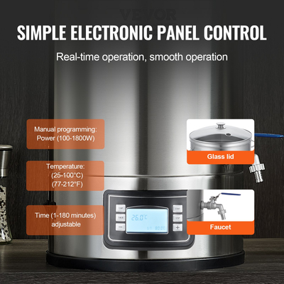 VEVOR Electric Brewing System, 8 GALLON Brewing Pot, All-in-One Home Beer Brewer, 304 Inox Steel Brewing System with panel, Περιλαμβάνει γυάλινο καπάκι, λαβή, στόμιο, ηλεκτρονικό πάνελ ελέγχου