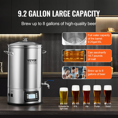 VEVOR Electric Brewing System, 8 GALLON Brewing Pot, All-in-One Home Beer Brewer, 304 Inox Steel Brewing System with panel, Περιλαμβάνει γυάλινο καπάκι, λαβή, στόμιο, ηλεκτρονικό πάνελ ελέγχου