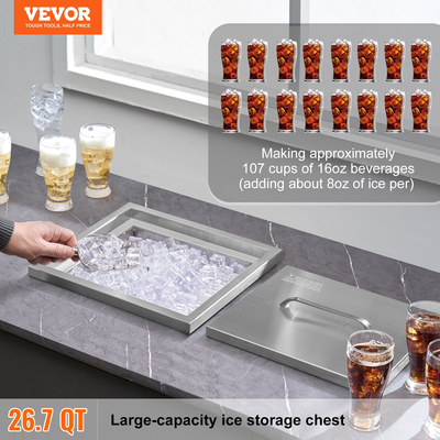 VEVOR Drop in Ice Chest, 14&quot;L x 12&quot;Π x 18&quot;H Ψύκτη από ανοξείδωτο ατσάλι, Επαγγελματικός Κάδος πάγου με κάλυμμα, 40 qt εξωτερικής κουζίνας Ice Bar, σωλήνας αποστράγγισης και βύσμα αποστράγγισης, για Cold Wine Beer
