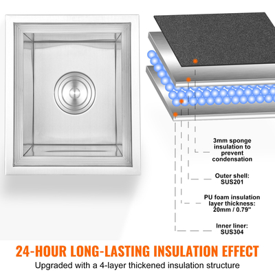 VEVOR Drop in Ice Chest, 14&quot;L x 12&quot;Π x 18&quot;H Ψύκτη από ανοξείδωτο ατσάλι, Επαγγελματικός Κάδος πάγου με κάλυμμα, 40 qt εξωτερικής κουζίνας Ice Bar, σωλήνας αποστράγγισης και βύσμα αποστράγγισης, για Cold Wine Beer