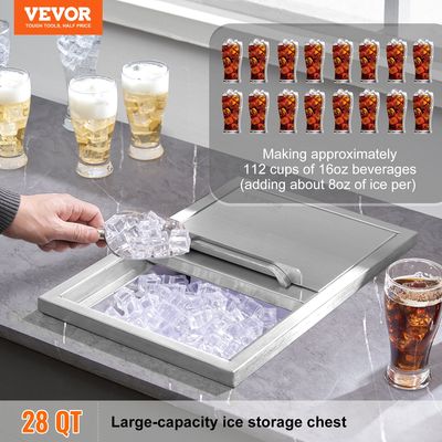 VEVOR Drop in Ice Chest, 18&quot; L x 12&quot; W x 14,5&quot;H Ψύκτη από ανοξείδωτο ατσάλι, Επαγγελματικός Κάδος πάγου με συρόμενο κάλυμμα, 40,9 qt εξωτερικής κουζίνας Ice Bar, σωλήνας αποστράγγισης και βύσμα αποστράγγισης, για Cold Wine Beer