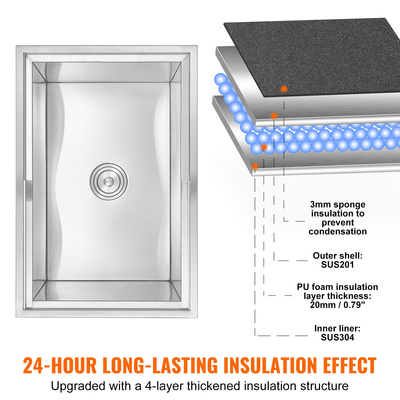 VEVOR 27&quot;x18&quot;x21&quot; Drop in Ice Chest Cooler Ice Doll από ανοξείδωτο ατσάλι με κάλυμμα