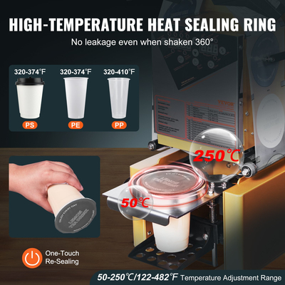 Πλήρως αυτόματο μηχάνημα σφράγισης φλυτζανιών VEVOR, 500-650 φλιτζάνια/Η, Μηχάνημα στεγανοποίησης φλυτζανιών για 190 mm ύψος &amp; 90/95 mm φλιτζάνι, ηλεκτρικό σφραγιστικό τσαγιού Boba με ψηφιακό πάνελ ελέγχου LCD για καφέ τσαγιού Bubble Milk, χρυσός