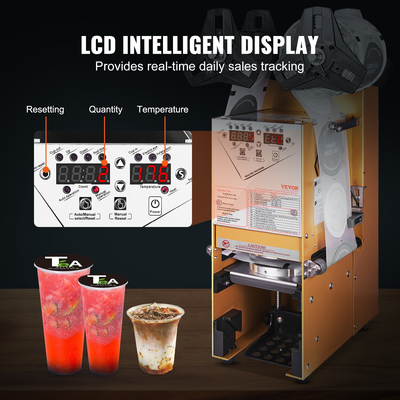 Πλήρως αυτόματο μηχάνημα σφράγισης φλυτζανιών VEVOR, 500-650 φλιτζάνια/Η, Μηχάνημα στεγανοποίησης φλυτζανιών για ύψος 180 mm &amp; κύπελλο 90/95 mm, ηλεκτρικό σφραγιστικό τσαγιού Boba με ψηφιακό πίνακα ελέγχου LCD για καφέ με γάλα φούσκας, χρυσός
