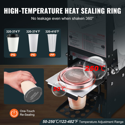 Πλήρως αυτόματο μηχάνημα σφράγισης φλυτζανιών VEVOR, 500-650 φλιτζάνια/Η, Μηχάνημα στεγανοποίησης φλυτζανιών για 180 mm ύψος &amp; 90/95 mm φλιτζάνι, ηλεκτρικό σφραγιστικό τσαγιού Boba με ψηφιακό πίνακα ελέγχου LCD για καφέ τσαγιού Bubble Milk, Μαύρο