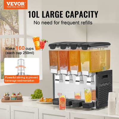 VEVOR Commercial Beverage Dispenser 10L x 4 Tanks Cold Juice Ice Drink Dispenser