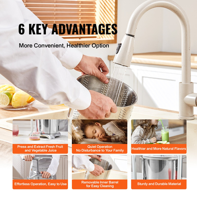 Πρέσα κρασιού VEVOR Fruit, 1,6 γαλόνι/6 λίτρα, 2 βαρέλια από ανοξείδωτο χάλυβα, Χειροκίνητη συσκευή παρασκευής χυμών, μηλίτης μήλο, βάμμα λαχανικών, ελαιόλαδο με μέλι, πρέσα παρασκευής ελαιολάδου με λαβή T, τριγωνική δομή για κουζίνα