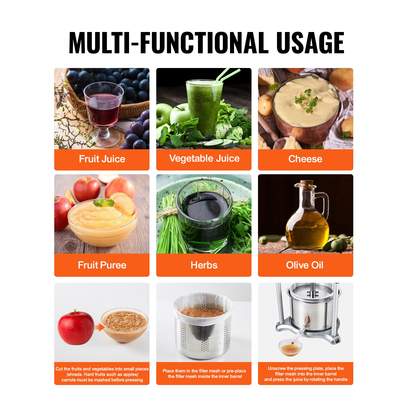 Πρέσα κρασιού VEVOR Fruit, 1,6 γαλόνι/6 λίτρα, 2 βαρέλια από ανοξείδωτο χάλυβα, Χειροκίνητη συσκευή παρασκευής χυμών, μηλίτης μήλο, βάμμα λαχανικών, ελαιόλαδο με μέλι, πρέσα παρασκευής ελαιολάδου με λαβή T, τριγωνική δομή για κουζίνα