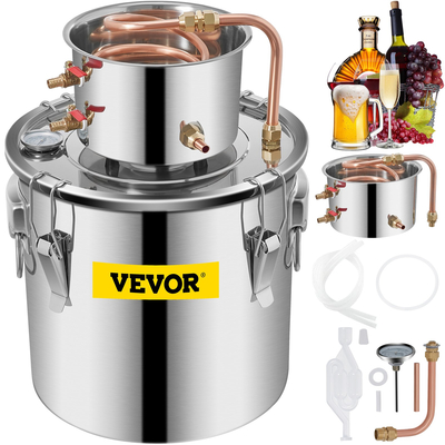 VEVOR Moonshine Still Distiller 5Gal 21L από ανοξείδωτο ατσάλι Water Distiller Copper Tube Home Kit ζυθοποιίας Ενσωματωμένο θερμόμετρο