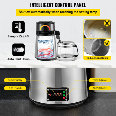 VEVOR Silver Water Distiller Machine 750W Ρυθμιζόμενη θερμοκρασία Water Distiller 4L Σετ κρασιού Κιτ ζυθοποιίας Εσωτερικός αποστακτήρας από ανοξείδωτο χάλυβα με ρυθμιζόμενη θερμοκρασία για σπίτια κουζίνας