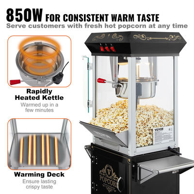 VEVOR Popcorn Popper Machine with Cart Popcorn Maker 850W 8 Oz 48 Cups Black