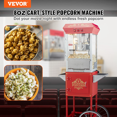 VEVOR Popcorn Popper Machine with Cart Popcorn Maker 850W 8 Oz 48 Cups Red