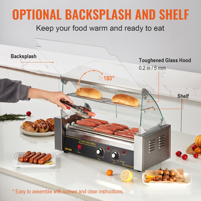 VEVOR Electric 12 Hot Dog 5 Roller Grill Cooker Machine Backsplash &amp; Shelf 1000W