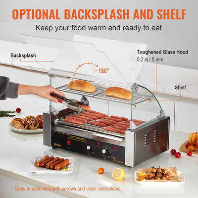 VEVOR Electric 18 Hot Dog 7 Roller Grill Cooker Machine Backsplash &amp; Shelf 1,4KW