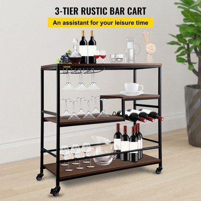 VEVOR Rustic Bar Cart, 3-Tier Industrial Bar Cart for Home, Bar Cart with Wine Rack &amp; Glassholds, 35,4 x 15,7 x 37,4 ιντσών Home Bar &amp; Carts σερβιρίσματος, Wine Cart on Wheels, Glass Bar Cart Καφέ