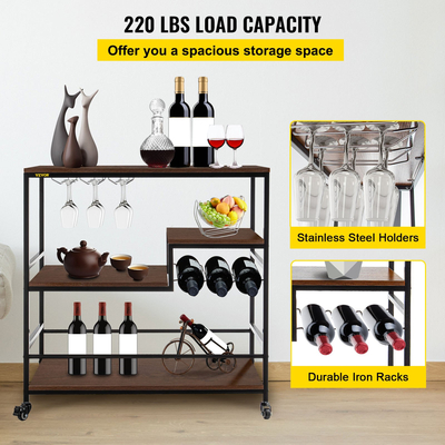 VEVOR Rustic Bar Cart, 3-Tier Industrial Bar Cart for Home, Bar Cart with Wine Rack &amp; Glassholds, 35,4 x 15,7 x 37,4 ιντσών Home Bar &amp; Carts σερβιρίσματος, Wine Cart on Wheels, Glass Bar Cart Καφέ