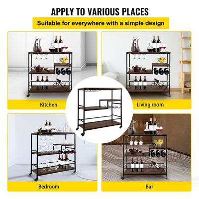 VEVOR Rustic Bar Cart, 3-Tier Industrial Bar Cart for Home, Bar Cart with Wine Rack &amp; Glassholds, 35,4 x 15,7 x 37,4 ιντσών Home Bar &amp; Carts σερβιρίσματος, Wine Cart on Wheels, Glass Bar Cart Καφέ