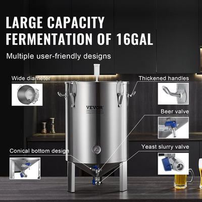 Βραστήρας VEVOR 304 από ανοξείδωτο χάλυβα, 16 GALLON Beer Brew Fermentor, Brew Bucket Fermentor for Brewing, Home Brewing Proppies with Base, Bottle Stock Pot περιλαμβάνει καπάκι, λαβή, βαλβίδα, στόμιο, θερμόμετρο