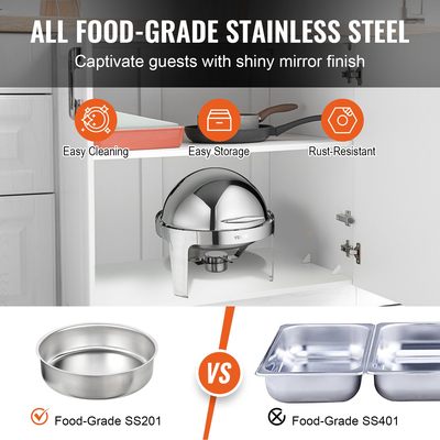 Σετ μπουφέ πιάτων VEVOR Roll Top Chafing, 6 Qt 2 Pack, Chafer από ανοξείδωτο ατσάλι με 2 τηγάνια πλήρους μεγέθους, στρογγυλός θερμαντήρας τροφοδοσίας με καπάκι, βάση καυσίμου για τουλάχιστον 5 άτομα