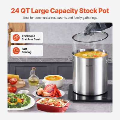 VEVOR 24QT από ανοξείδωτο ατσάλι Stockpot Μαγειρική κατσαρόλα κουζίνας με λαβή καπακιού