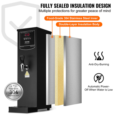 VEVOR 15L Επαγγελματικός λέβητας νερού Ηλεκτρικός διανομέας ζεστού νερού από ανοξείδωτο χάλυβα