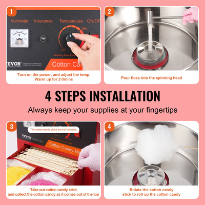 VEVOR Electric Cotton Candy Machine, 1000W Candy Floss Maker, Εμπορική μηχανή ζαχαροπλαστικής βαμβακιού με κάλυμμα, μπολ από ανοξείδωτο ατσάλι, σέσουλα ζάχαρης, συρτάρι, ιδανικό για γενέθλια παιδιά στο σπίτι, οικογενειακό πάρτι, κόκκινο