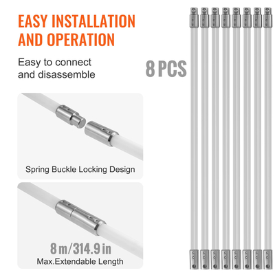 VEVOR 8 m Kit καθαρισμού καπνοδόχου, με 8 ενισχυμένες εύκαμπτες ράβδους από νάιλον, εργονομική βούρτσα καθαρισμού καπνοδόχου, καθαριστικό καμινάδας βούρτσας 360 μοιρών, πλούσια αξεσουάρ για οικιακή χρήση καυσαερίων τζακιού Ταιριάζει στους περισσότερους σωλήνες