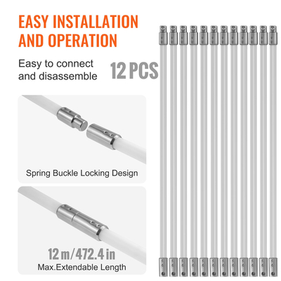 VEVOR 12 m Kit καθαρισμού καπνοδόχου, με 12 ενισχυμένες εύκαμπτες ράβδους από νάιλον, εργονομική βούρτσα καθαρισμού καπνοδόχου, καθαριστικό καμινάδας βούρτσας 360 μοιρών, πλούσια αξεσουάρ για οικιακή χρήση καπνοδόχου τζακιού Ταιριάζει στους περισσότερους σωλήνες