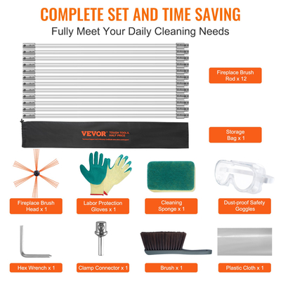 VEVOR 12 m Kit καθαρισμού καπνοδόχου, με 12 ενισχυμένες εύκαμπτες ράβδους από νάιλον, εργονομική βούρτσα καθαρισμού καπνοδόχου, καθαριστικό καμινάδας βούρτσας 360 μοιρών, πλούσια αξεσουάρ για οικιακή χρήση καπνοδόχου τζακιού Ταιριάζει στους περισσότερους σωλήνες