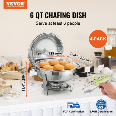 Σετ μπουφέ πιάτων VEVOR Chafing, συσκευασία 6 Qt 4, κουφέτα από ανοξείδωτο χάλυβα με τηγάνι πλήρους μεγέθους, στρογγυλός θερμαντήρας τροφοδοσίας με καπάκι δοχείου νερού Βάση θήκης καυσίμου Κουτάλι, για τουλάχιστον 6 άτομα το καθένα