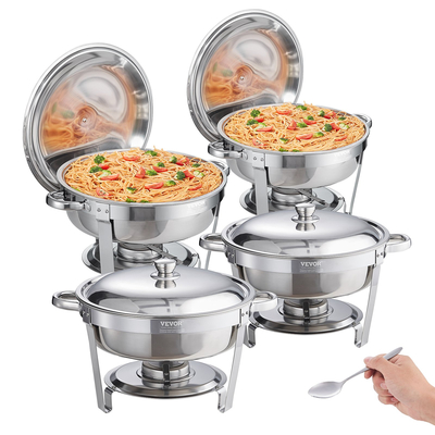 Σετ μπουφέ πιάτων VEVOR Chafing, συσκευασία 6 Qt 4, κουφέτα από ανοξείδωτο χάλυβα με τηγάνι πλήρους μεγέθους, στρογγυλός θερμαντήρας τροφοδοσίας με καπάκι δοχείου νερού Βάση θήκης καυσίμου Κουτάλι, για τουλάχιστον 6 άτομα το καθένα