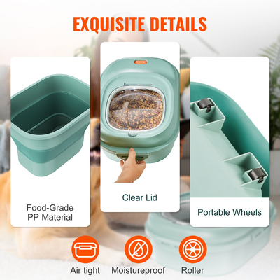 Πτυσσόμενο δοχείο αποθήκευσης τροφής για σκύλους VEVOR, Μεγάλος κάδος διανομής χωρητικότητας 50 lbs με προσαρτώμενους τροχούς, αεροστεγές καπάκι κουζίνας με αλεύρι δημητριακών ρυζιού, δοχεία τροφών για κατοικίδια για γάτες, πουλιά, άλλες τροφές για κατοικίδια