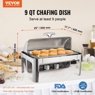 Πλήρες σετ μπουφέ για πιάτα VEVOR Roll Top Chafing, Τσάπα από ανοξείδωτο ατσάλι 8 Qt με τηγάνι πλήρους μεγέθους, Ορθογώνιος θερμαντήρας τροφοδοσίας με καπάκι, βάση τροφοδοσίας καυσίμου, για τουλάχιστον 8 άτομα