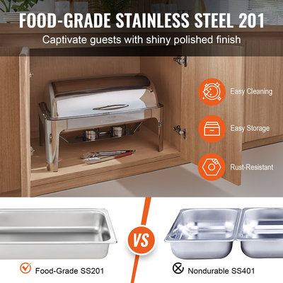 Πλήρες σετ μπουφέ για πιάτα VEVOR Roll Top Chafing, Τσάπα από ανοξείδωτο ατσάλι 8 Qt με τηγάνι πλήρους μεγέθους, Ορθογώνιος θερμαντήρας τροφοδοσίας με καπάκι, βάση τροφοδοσίας καυσίμου, για τουλάχιστον 8 άτομα